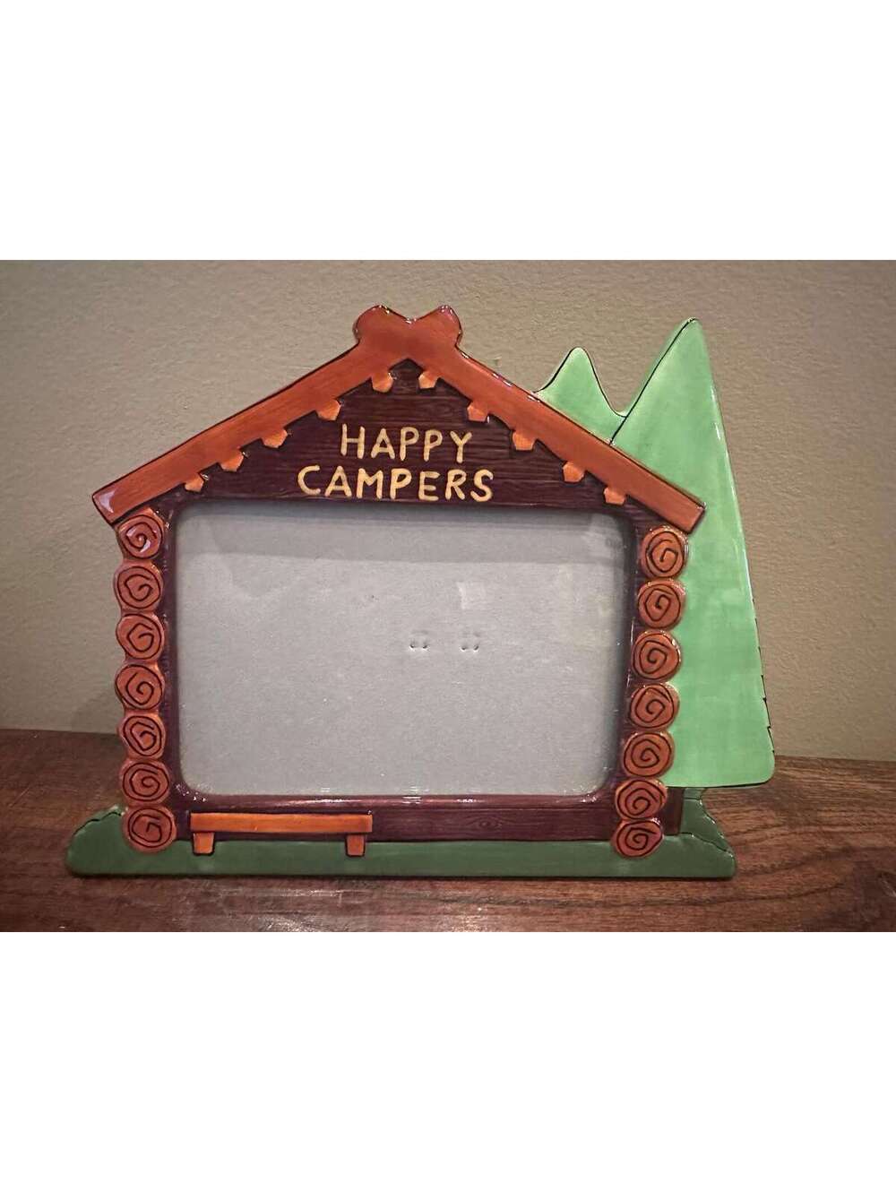 Lorrie Veasey Our Name is Mud Ceramic Happy Campers Log Cabin Picture Frame 4x6